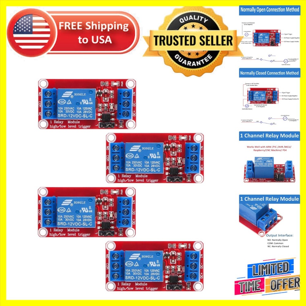 4pcs 12V Relay Module with Optocoupler Isolation for Safe High/Low Level Control