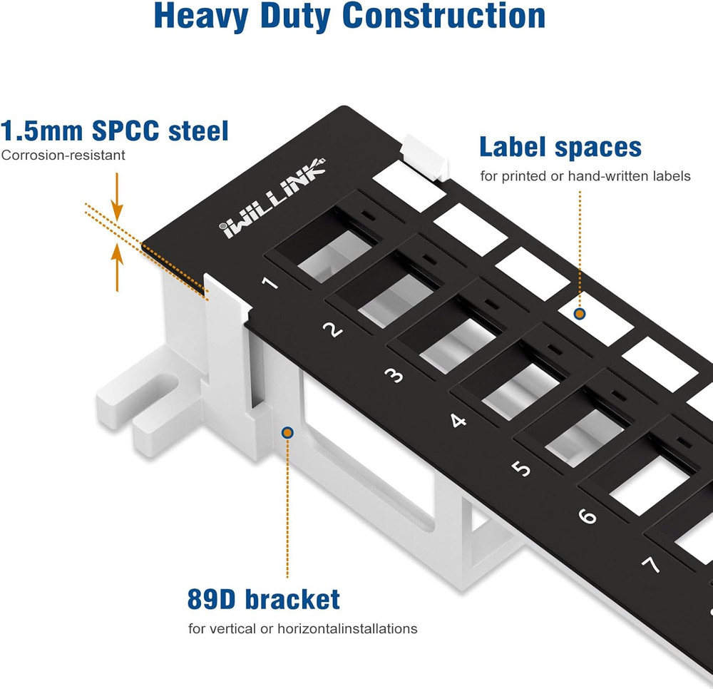 Blank 12-Port Keystone Patch Panel with 89D Wall Mount Bracket, Versatile Vertic