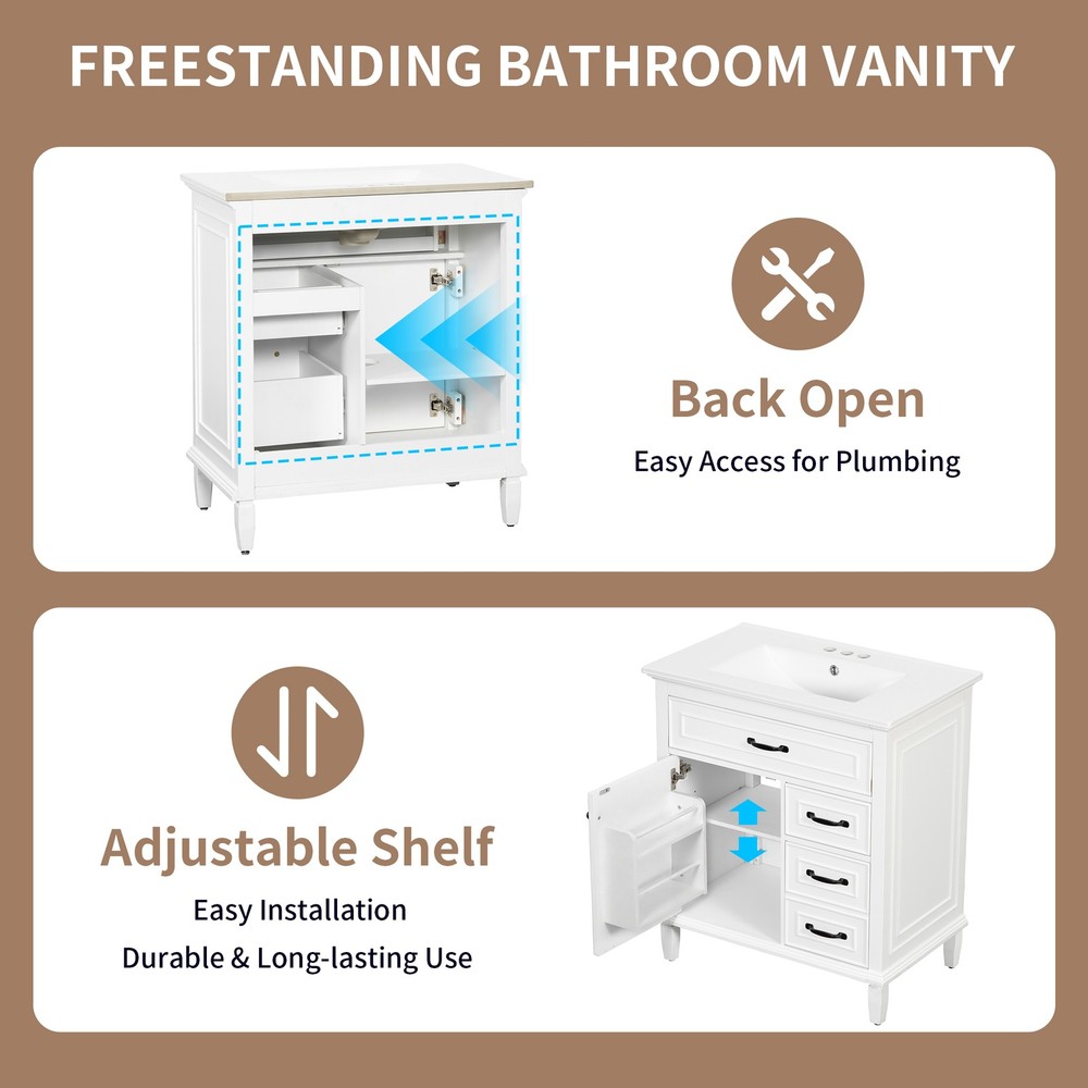 30" White Bathroom Vanity with Ceramic Sink and Solid Wood Cabinet
