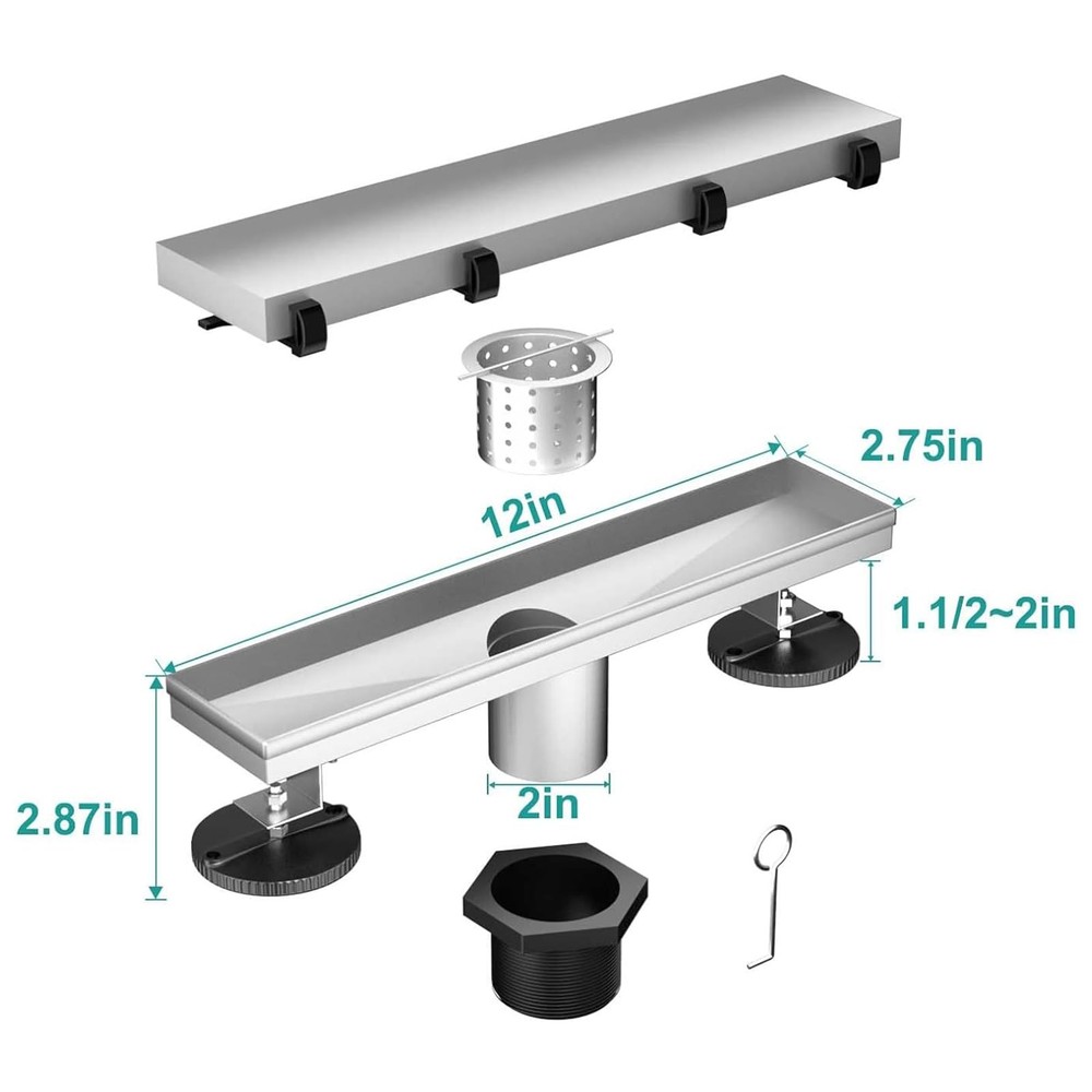 12 Inch Linear Shower Drain, Rectangle Shower Floor Drain with 2-in-1 Flat & ...