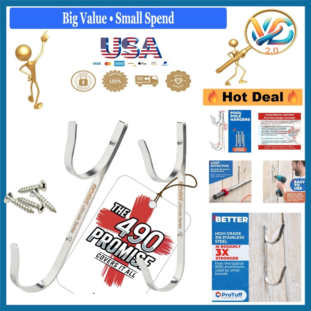 ProTuff Stainless Steel Pool Pole Hanger Set 2 Pack Rust-Proof Durable