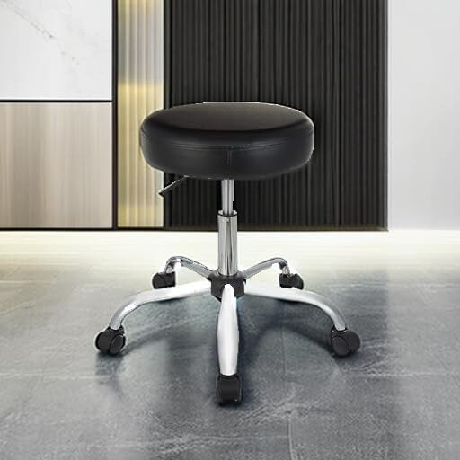 Modern Drafting Stool with 360-Degree Swivel & Wheels - Black Leather Upholstery