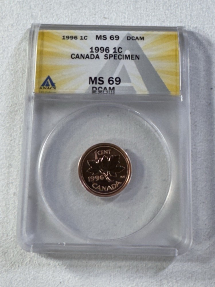 1996 Canada 1 Cent Graded MS 69 DCAM by ANACS Specimen