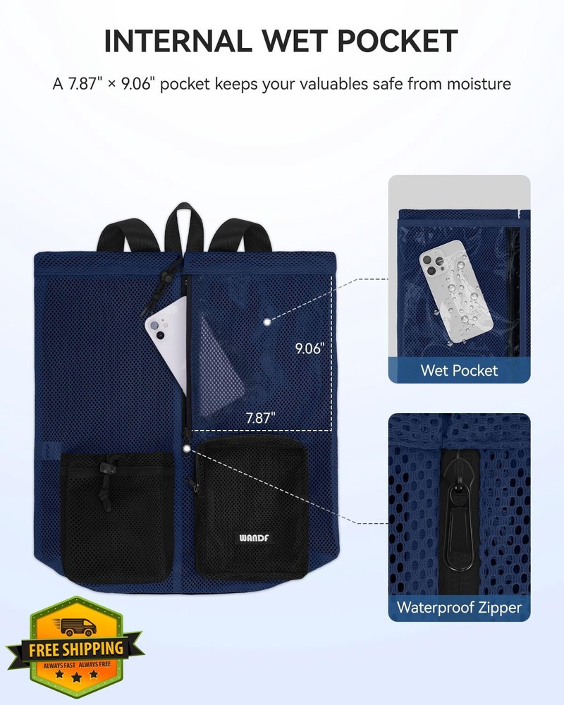 WANDF Mesh Swim Bag Drawstring Backpack Wet Pocket