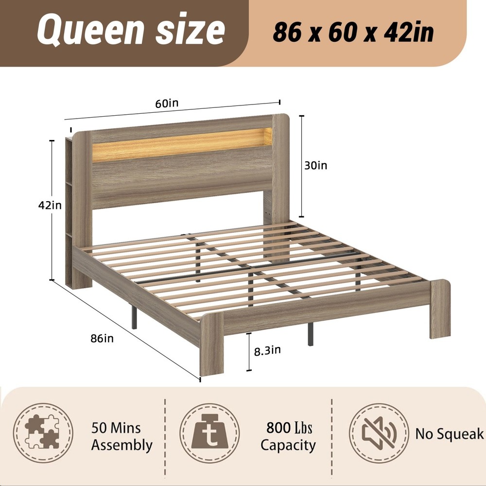 Queen/King Size Bed Frame Wood Platform Bed with Storage LED Light Headboard