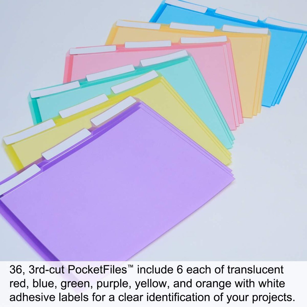 PocketFile Clear Poly Document Folder 3-Cut Tab Letter Size 36 Pack 6 Colors