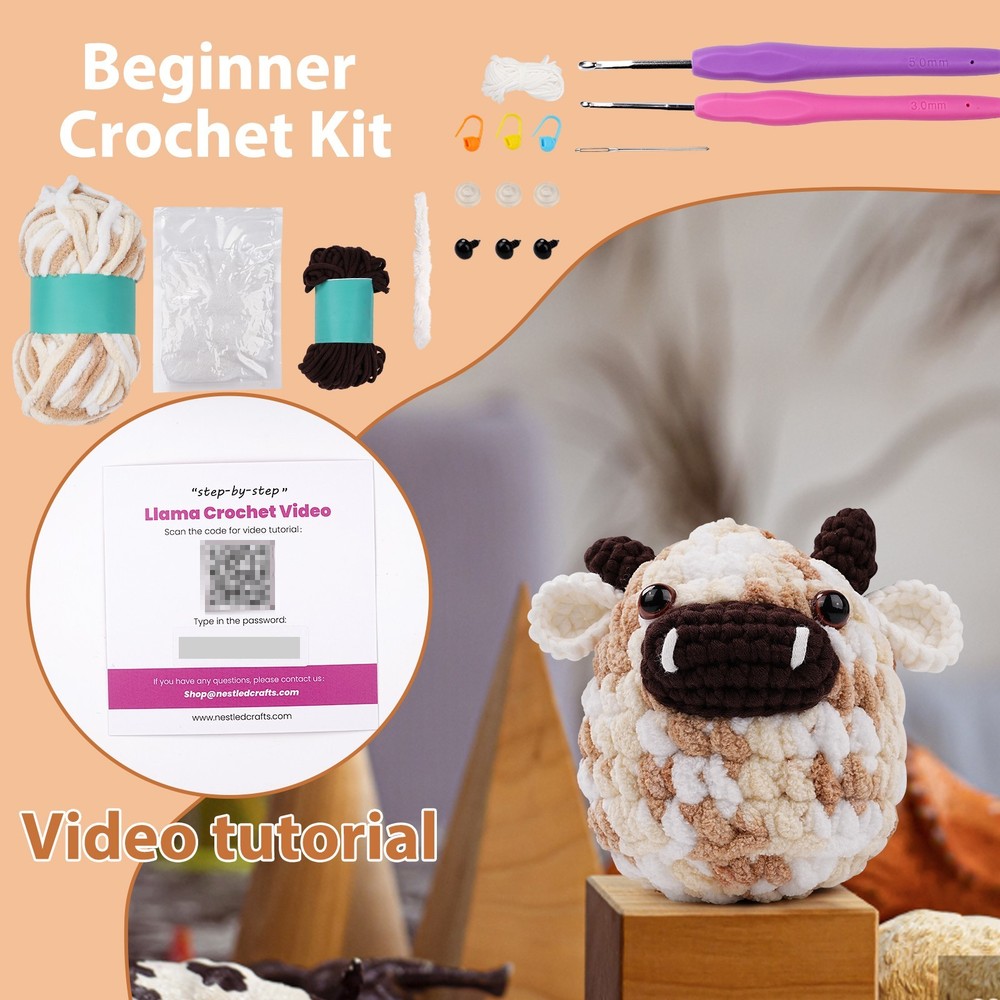 Beginner MooMoo Crochet Kit Complete Cow Amigurumi Starter Set w Video Tutorials