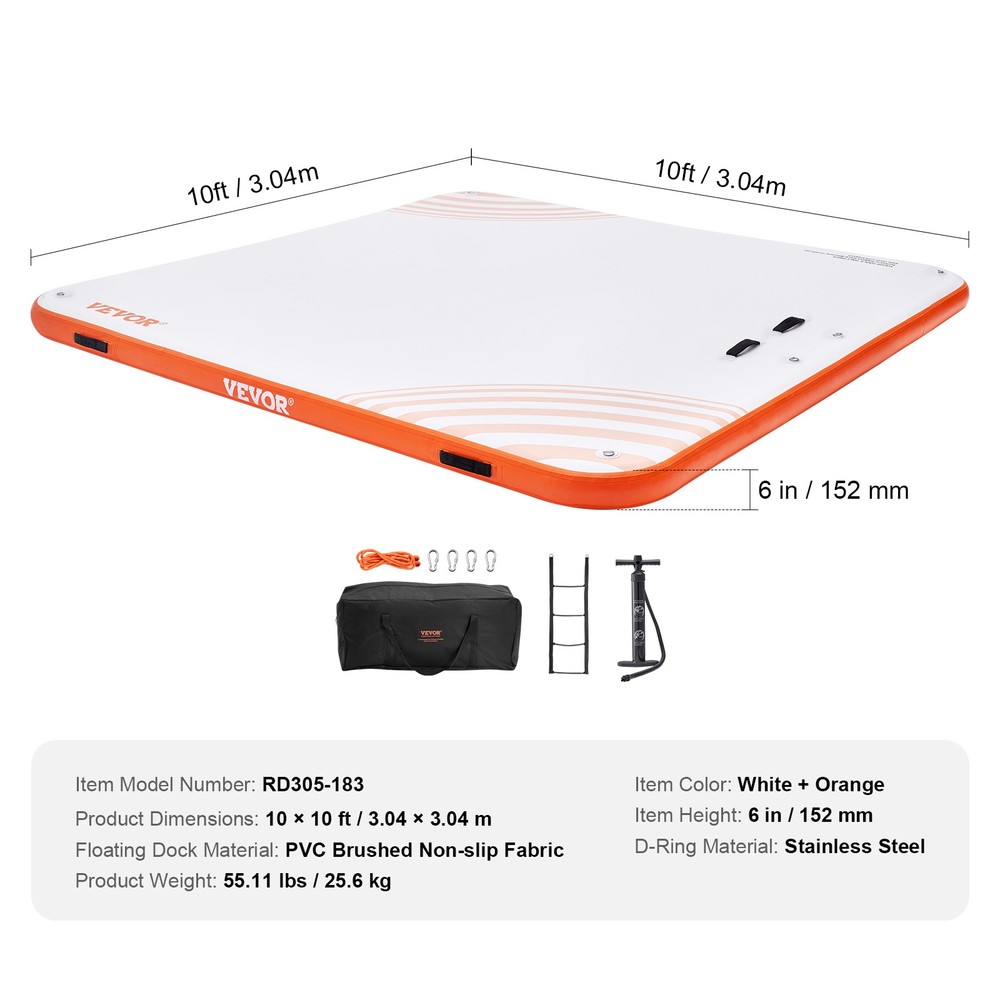 VEVOR Inflatable Floating Dock 10x10FT Inflatable Dock Platform Mat with Ladder