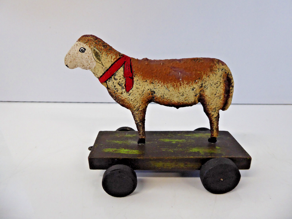 Vintage Metal Pull Toy Lamb Folk Art