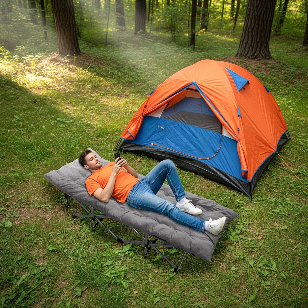 Folding Camping Cot Bed with Soft Pad, Portable Outdoor Cot