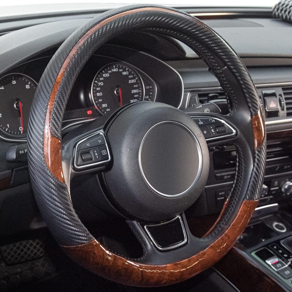 Wood Grain Steering Wheel Cover Microfiber Leather Universal 14 1/2-15 brown