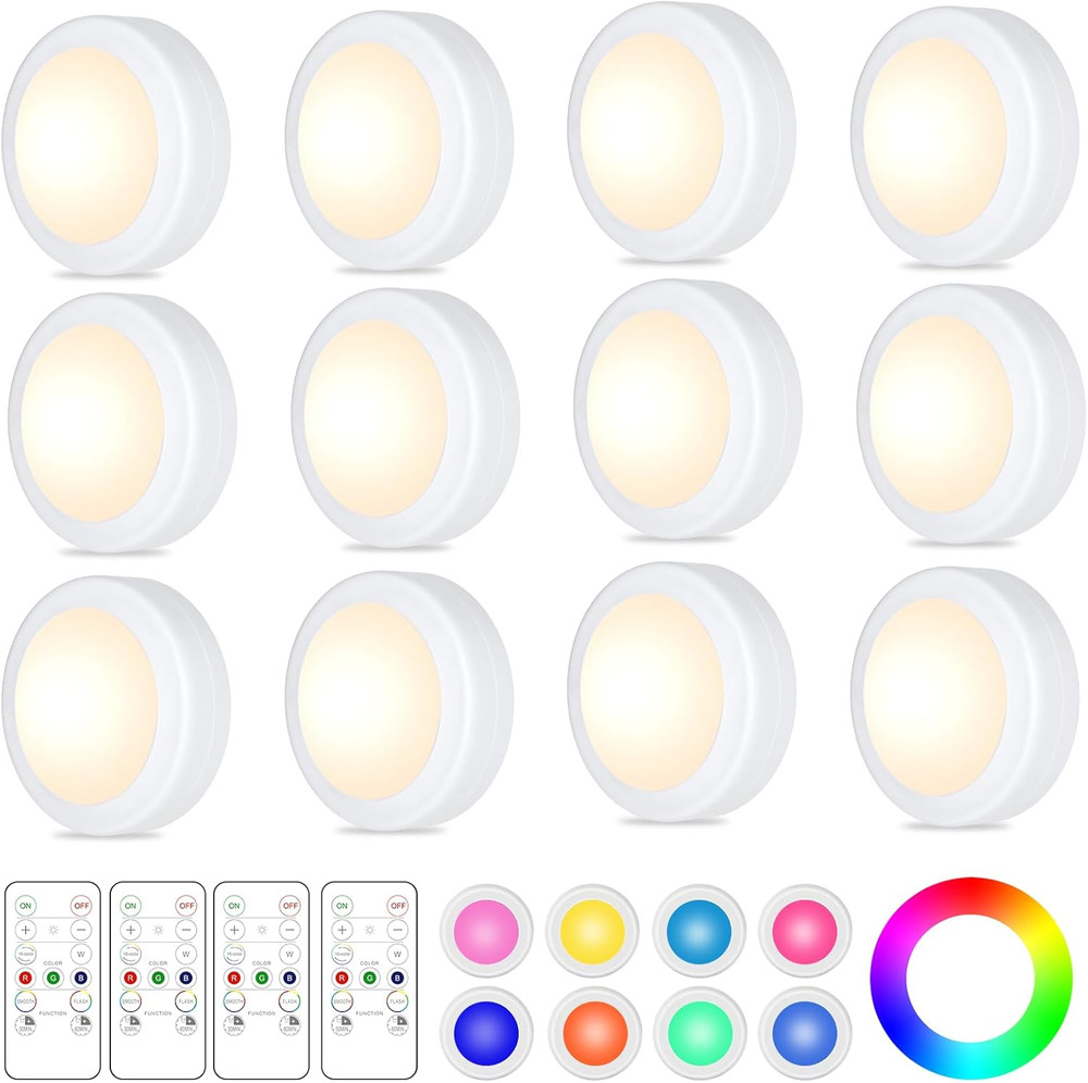 12 Pack LED Puck Lights Remote Control 16 Color Changeable under Cabinet Lights