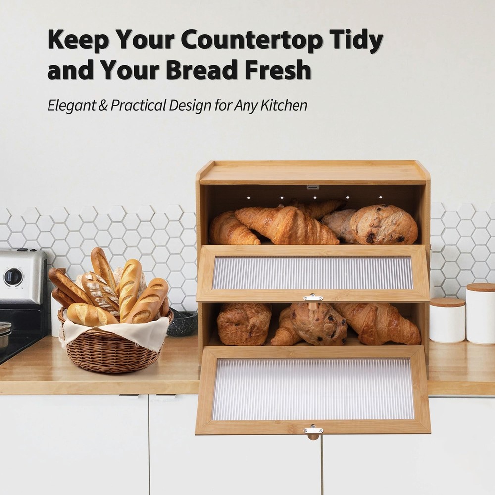 Bamboo Bread Box 2 Layers for Kitchen Counter-Large Capacity Bread Storage Co...