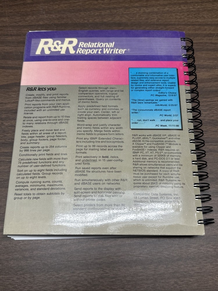Concentric Data Systems R&R Relational Report Writer dBase Manual 1988 Version 3