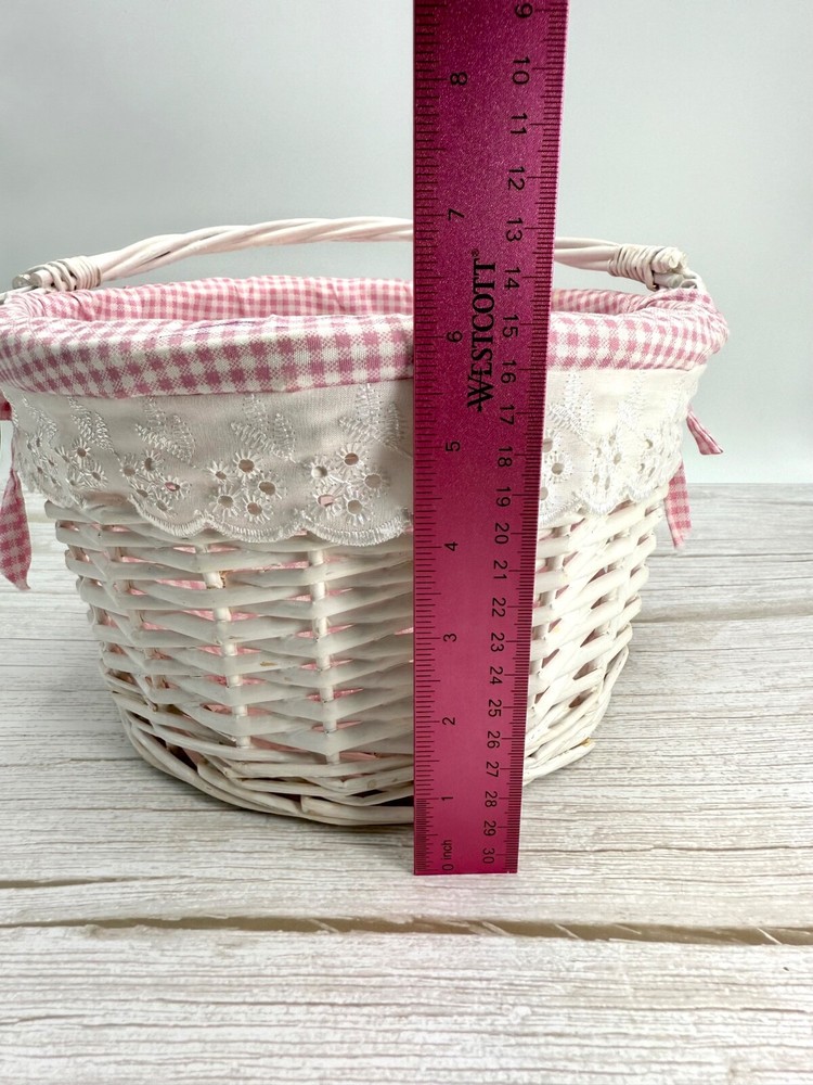 White Round Willow Woven Basket Pink Gingham Liner w/ Folding Drop-Down Handle