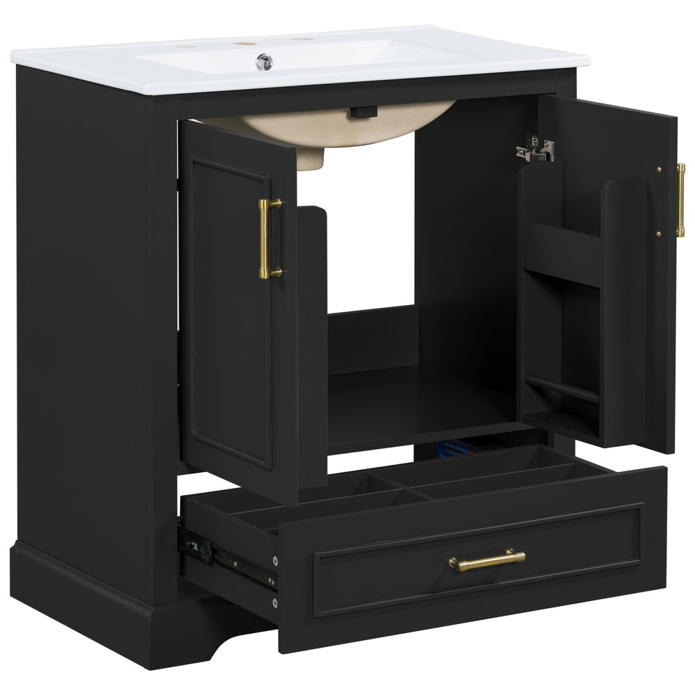 30" Bathroom Vanity w/ Sink, Black, Soft-Close Doors & Drawer, Solid Wood+MDF