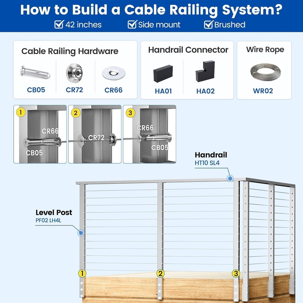 42" Side Mount Cable Railing Post Level Drilled Space-Saving Brushed Stainless