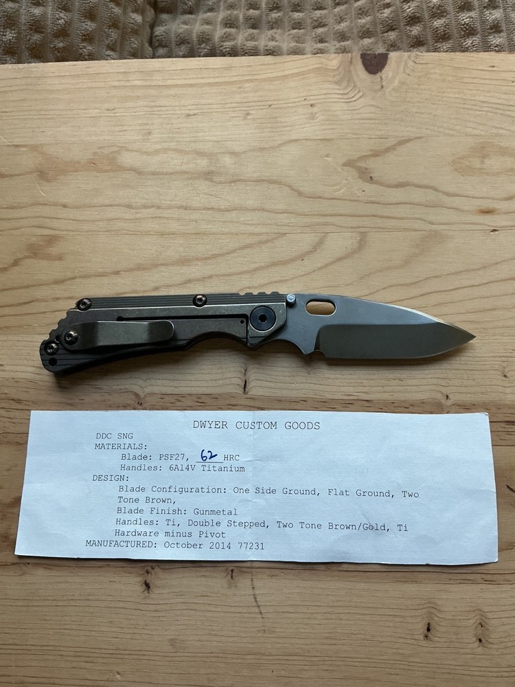 Dwayne Dwyer Custom SNG Drop Point, Chisel Blade, Stepped TI Handle.