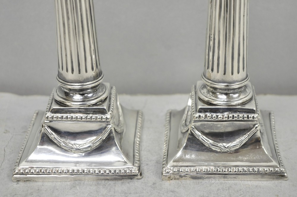 Vintage English Regency Silver Plated Classical Column Small Candlesticks - Pair