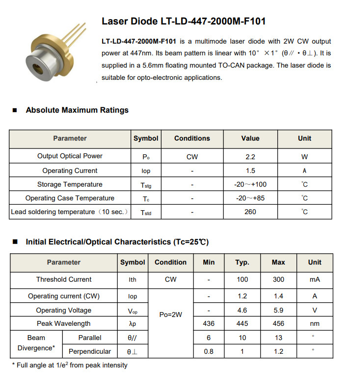 1PCS 447nm 2000mW Multimode Laser Diode Blue