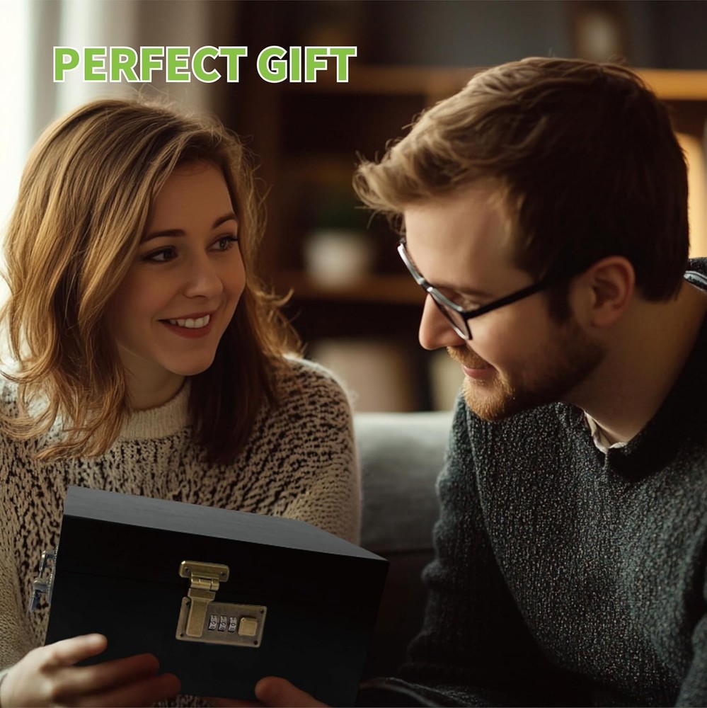 Black Bamboo Box with Combination Lock, Large Stash Box with Removable Tray D...