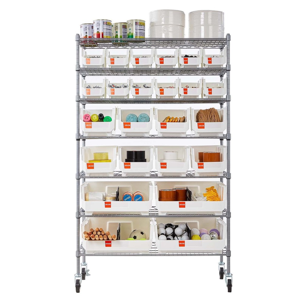 VEVOR 7-Tier Rolling Bin Storage Rack, 24 Organizer Bins, Bin Rack Storage Steel