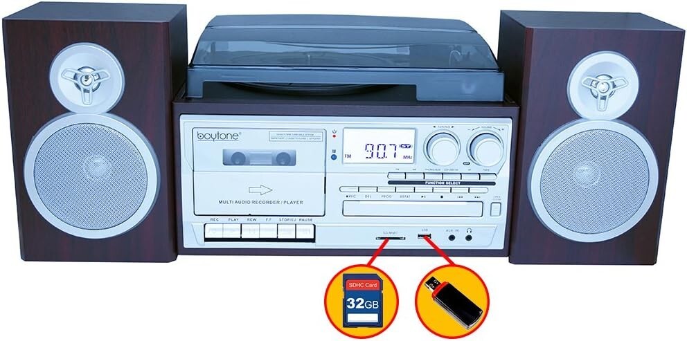 Boytone BT-28SPS Bluetooth Record Player Turntable, AM/FM, Cassette, CD Player
