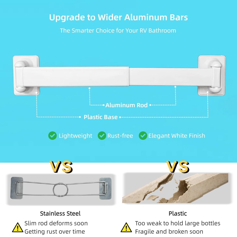 RV Shower Corner Storage Bars 3 Pack, Aluminum Adjustable Camper Shelf Retainer