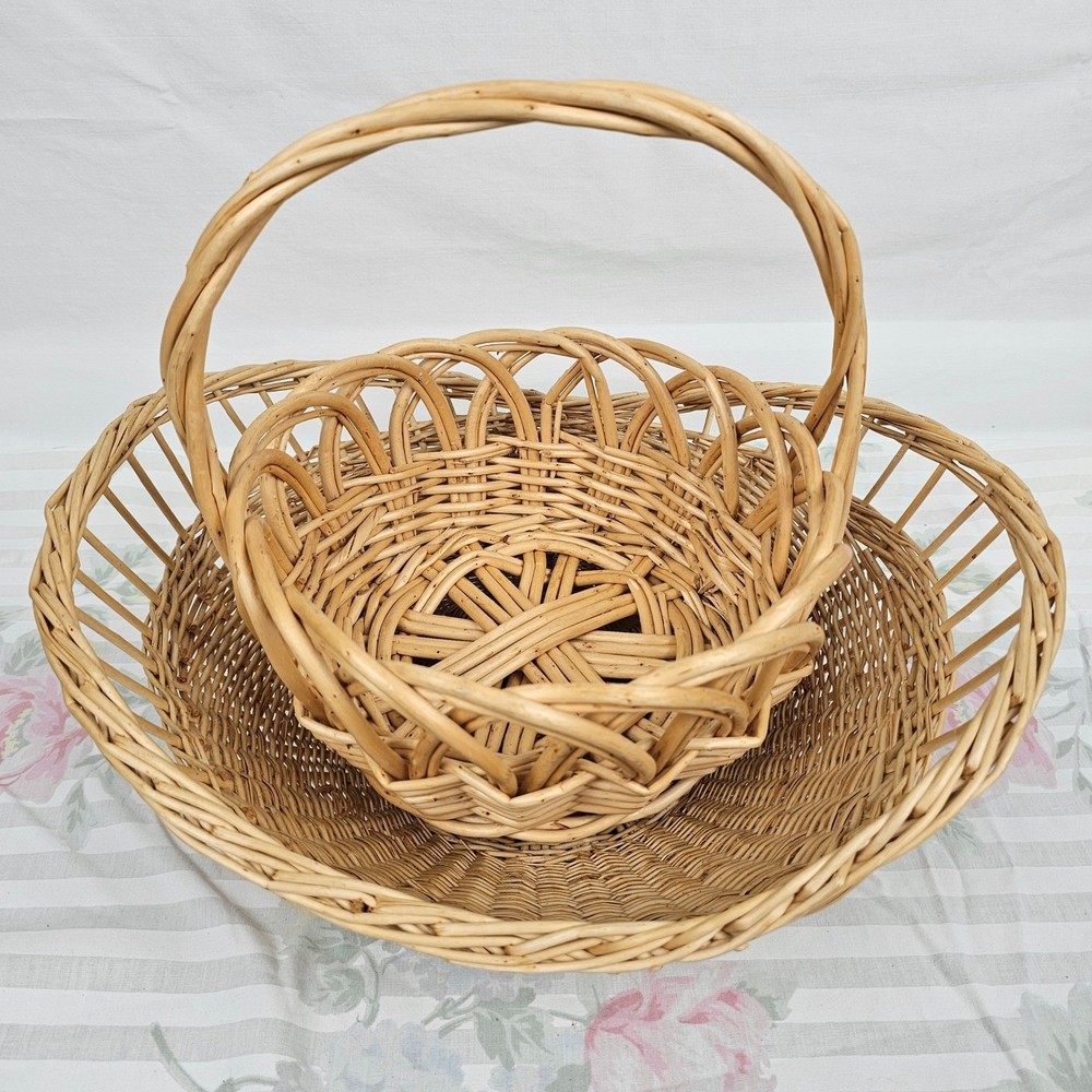 Wicker Woven Basket Natural Tone Decorative Handle Set