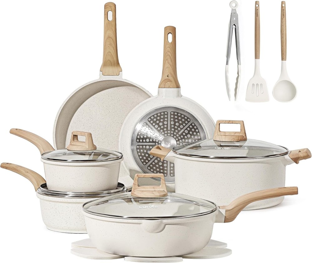 Pots & Pans Set Nonstick White Granite Induction Kitchen Cookware Set 10 Pcs