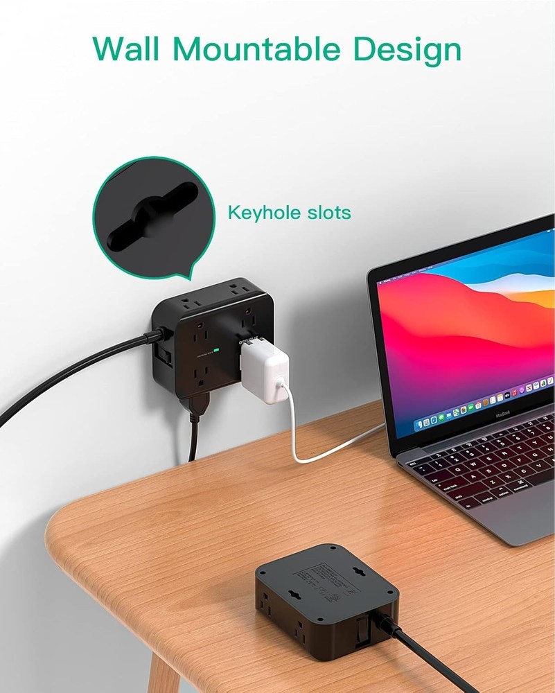 Power Strip Surge Protector 8 Outlets 4 USB Flat Plug 5Ft Cord