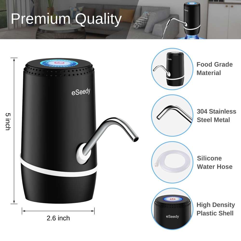 Automatic USB Rechargeable Water Pump for 5 Gallon Bottles - Black
