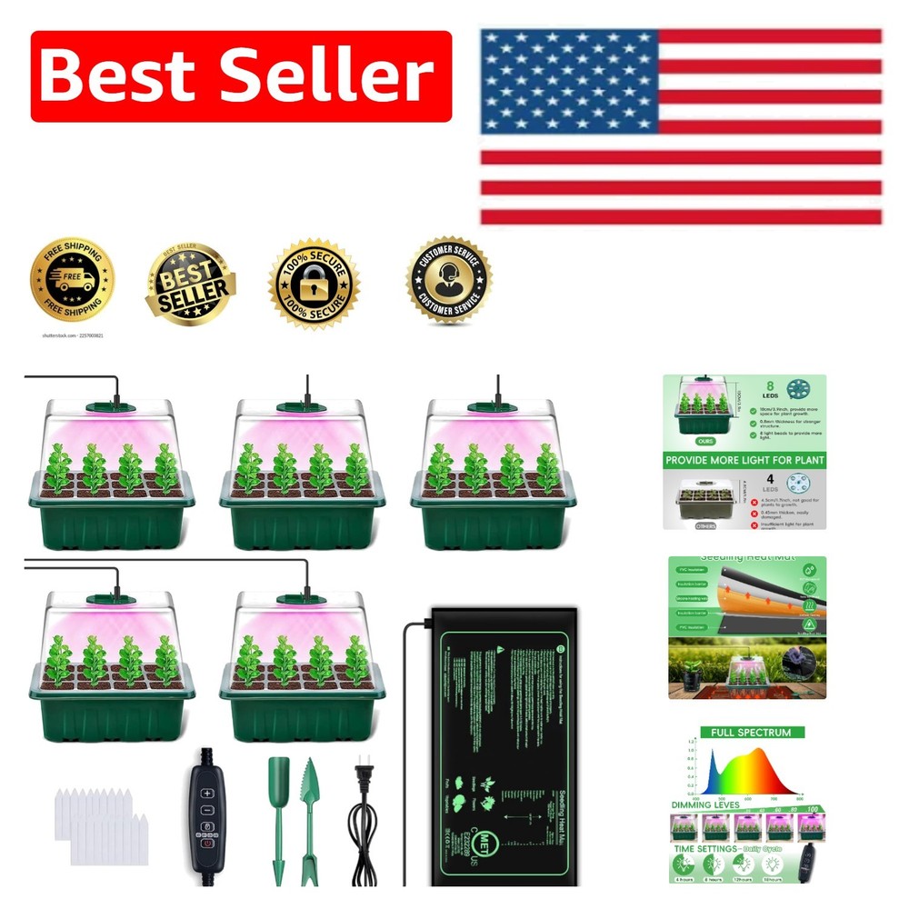 Seed Starter Trays with Full Spectrum Grow Light & Heating Mat - 5 Pack
