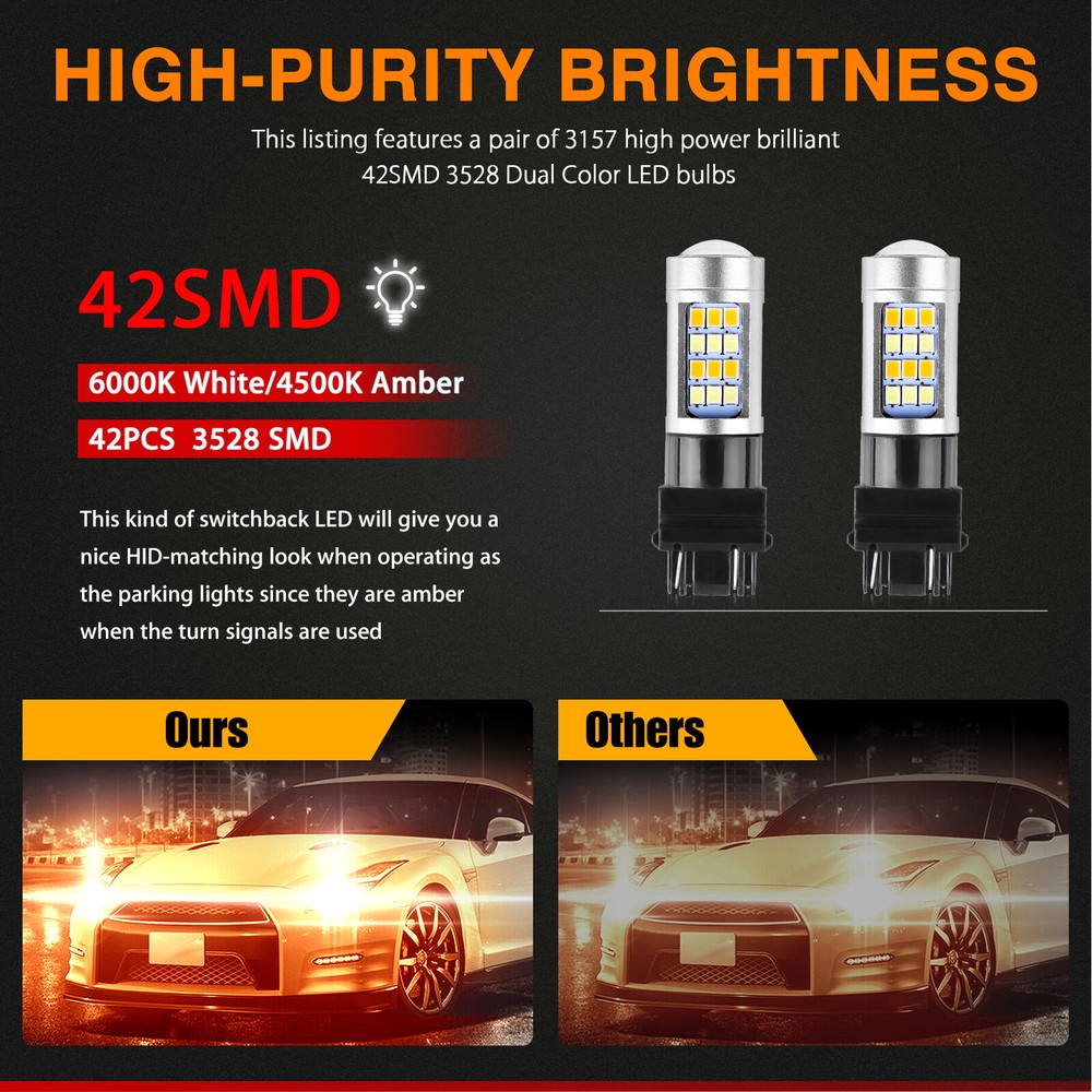 4X Error Free White/Amber 3157 LED DRL Switchback Turn Signal Parking Light Bulb
