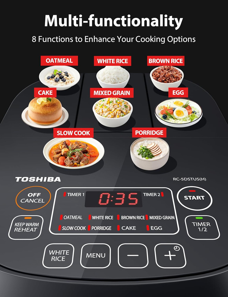 Rice Cooker Small 3-Cup Uncooked– LCD Display with 8 Cooking Functions: Rice, Oa