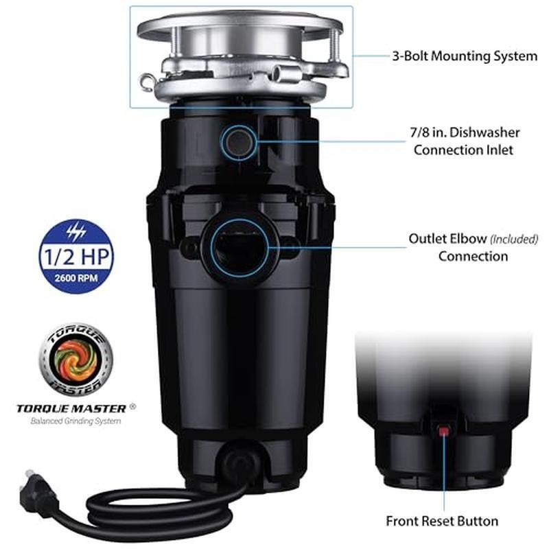 1/2 HP Garbage Disposal Anti-Jam Stainless Steel Continuous Feed Grinding System
