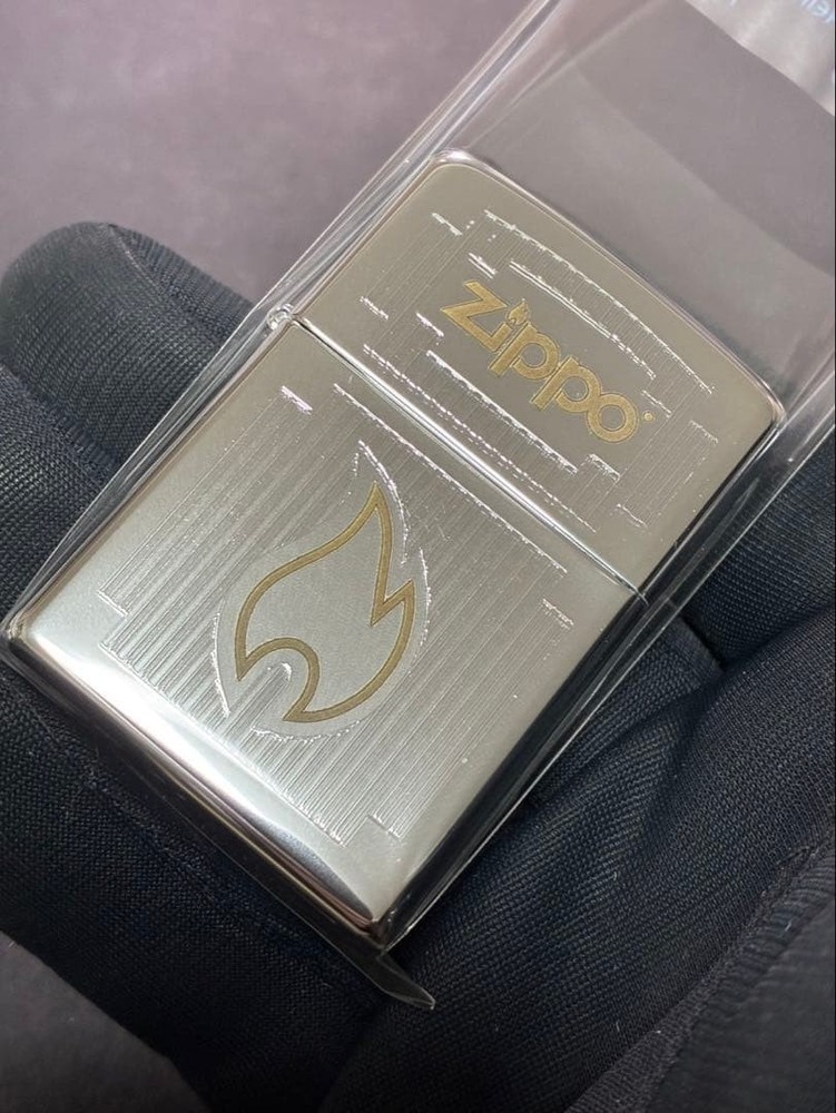 Zippo Fire Etching Engraved Silver One Sided Processing Lighter Regular Japan
