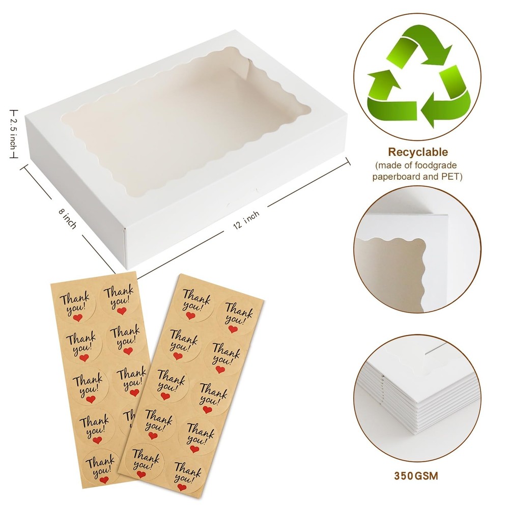 Auto-Pop Baking Boxes 20 Pack 12x8x2.5 Inch White Window Cookie Dessert Pie
