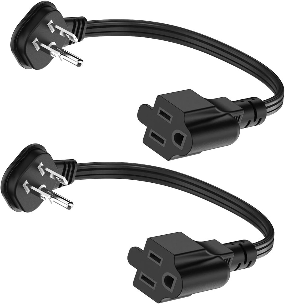 Flat Plug 1Ft Short Extension Cord, 90-Degree Plug Low Profile Power Adapter, 3-