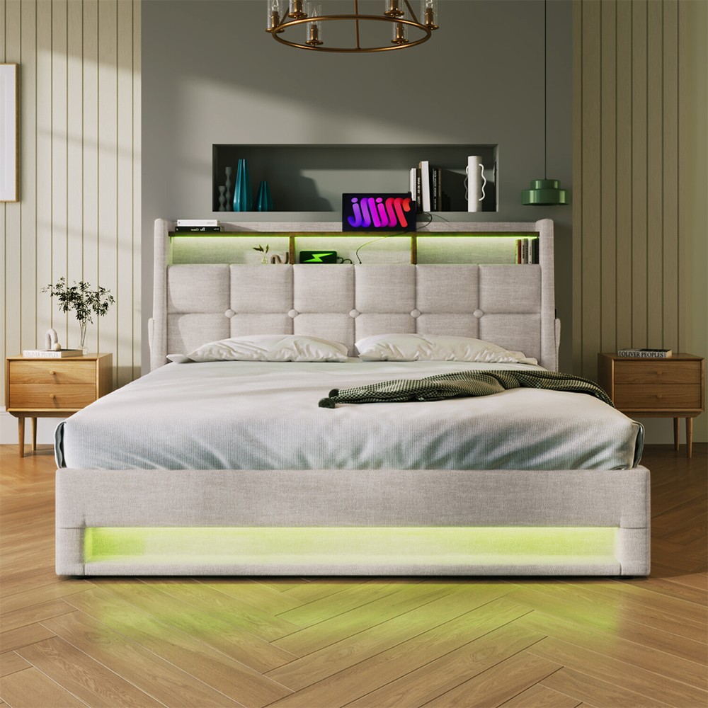 Queen Size LED Bed Frame Upholstered Platform Bed with Hydraulic Storage System