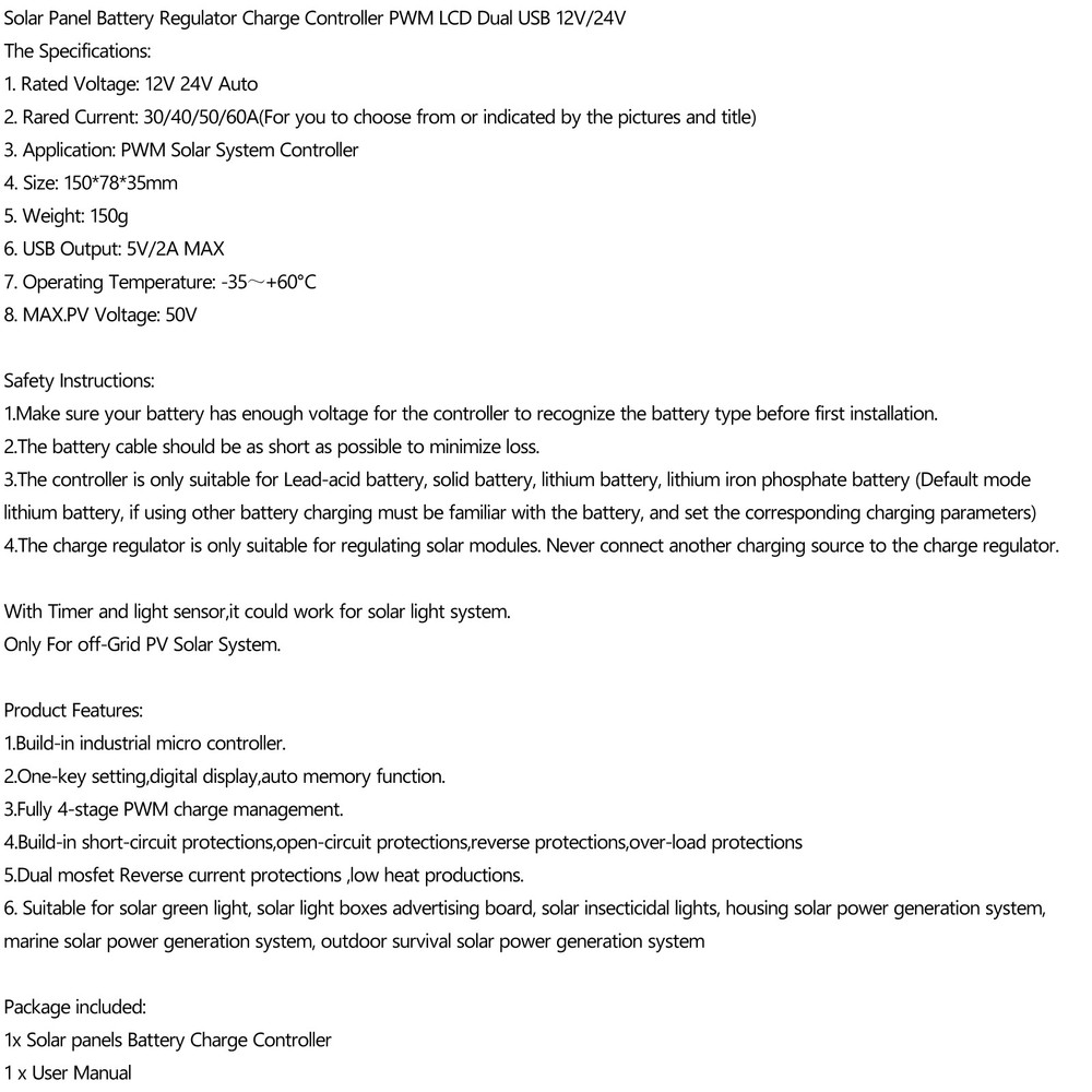 30-60A 12V/24V Solar Panel Battery Regulator Charge Controller 4-Stage Dual USB