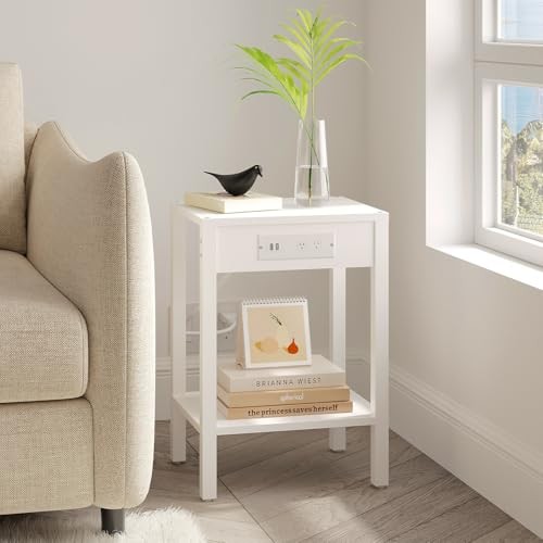 End Table with Charging Station, 2-Tier Nightstand with Storage 1 White