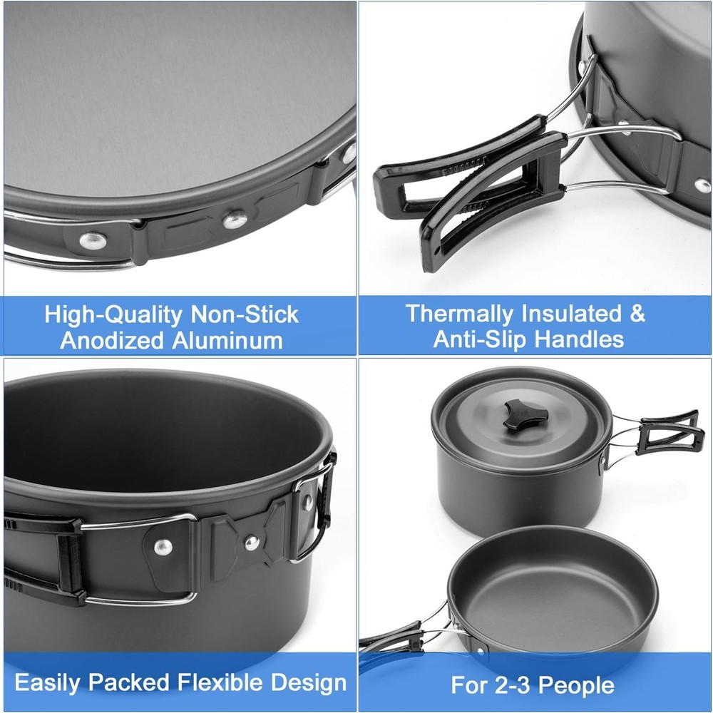Odoland Camping Cookware Mess Kit, Lightweight Pot Pan Kettle with 2 Cups, Fork