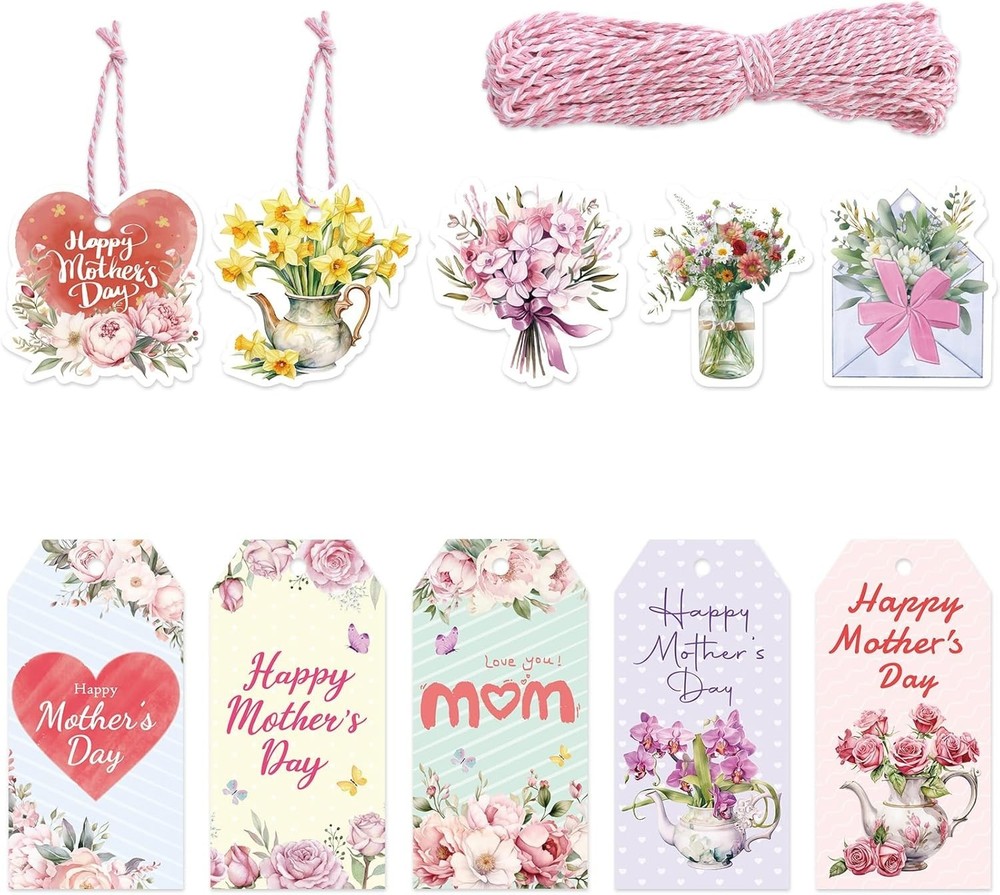 Personalized Floral Gift Tags for Mother's Day - 100 Durable Paper Tags & String