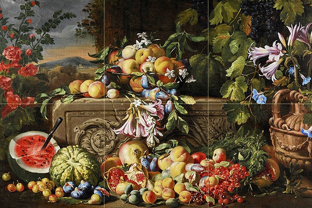 Tile Mural CHERRIES APRICOTS PLUMS A. Brueghel Kitchen Backsplash Marble Ceramic