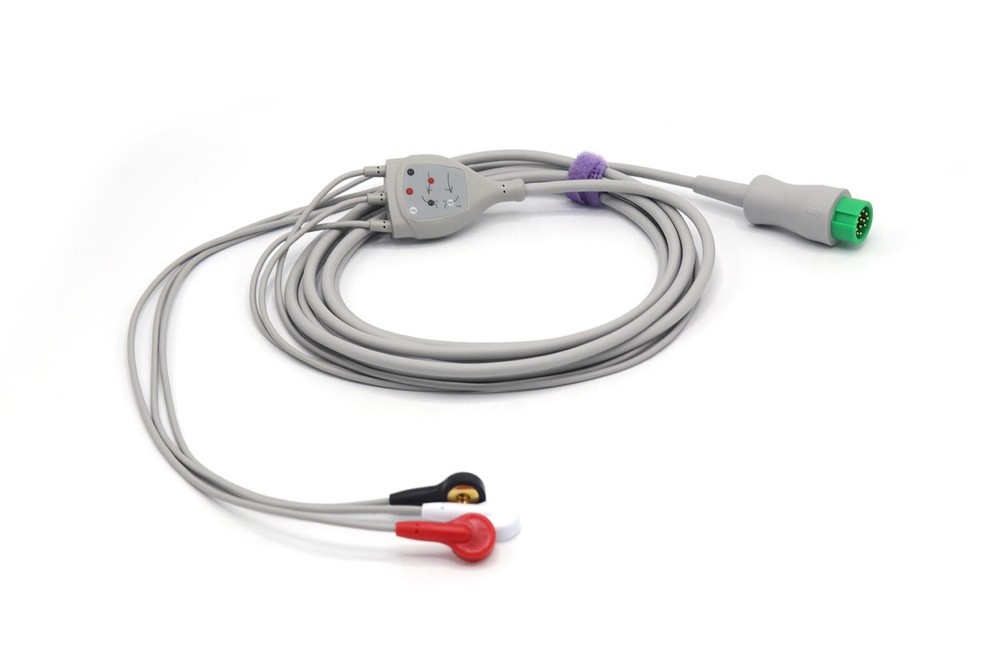 Mindray DPM7 DPM6 ECG Cable 12 Pin 3 Leads Snap Compatible - Same Day Shipping