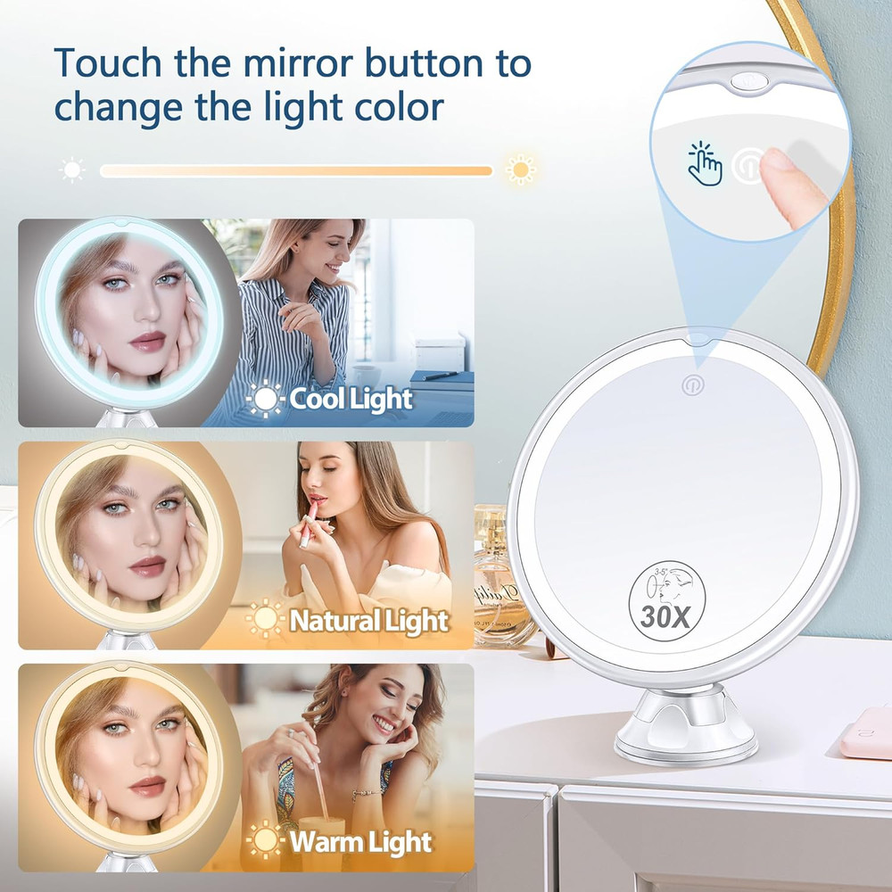 Magnifying Mirror with Light 30X, Lighted Makeup Mirror 30X for Precision Makeup