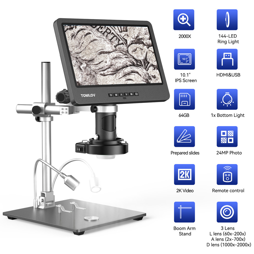 TOMLOV Digital Microscope 2000X 10.1" Screen Coin Microscope 144 LED Workbench