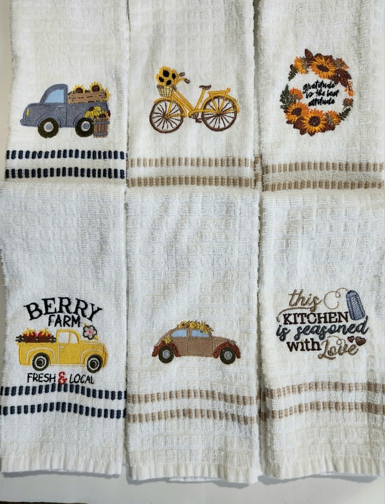 Kitchen Dish Towels with Embroidered Accents