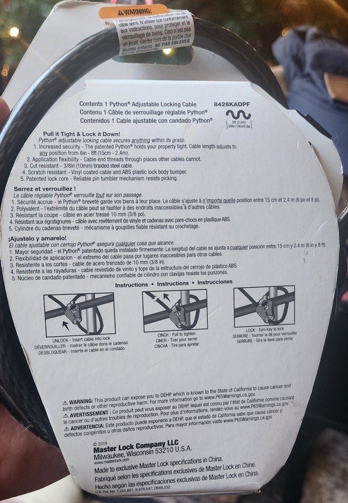 MasterLock 8428KADPF 8 Ft Python Vinyl Coated Steel Adjustable Locking Cable